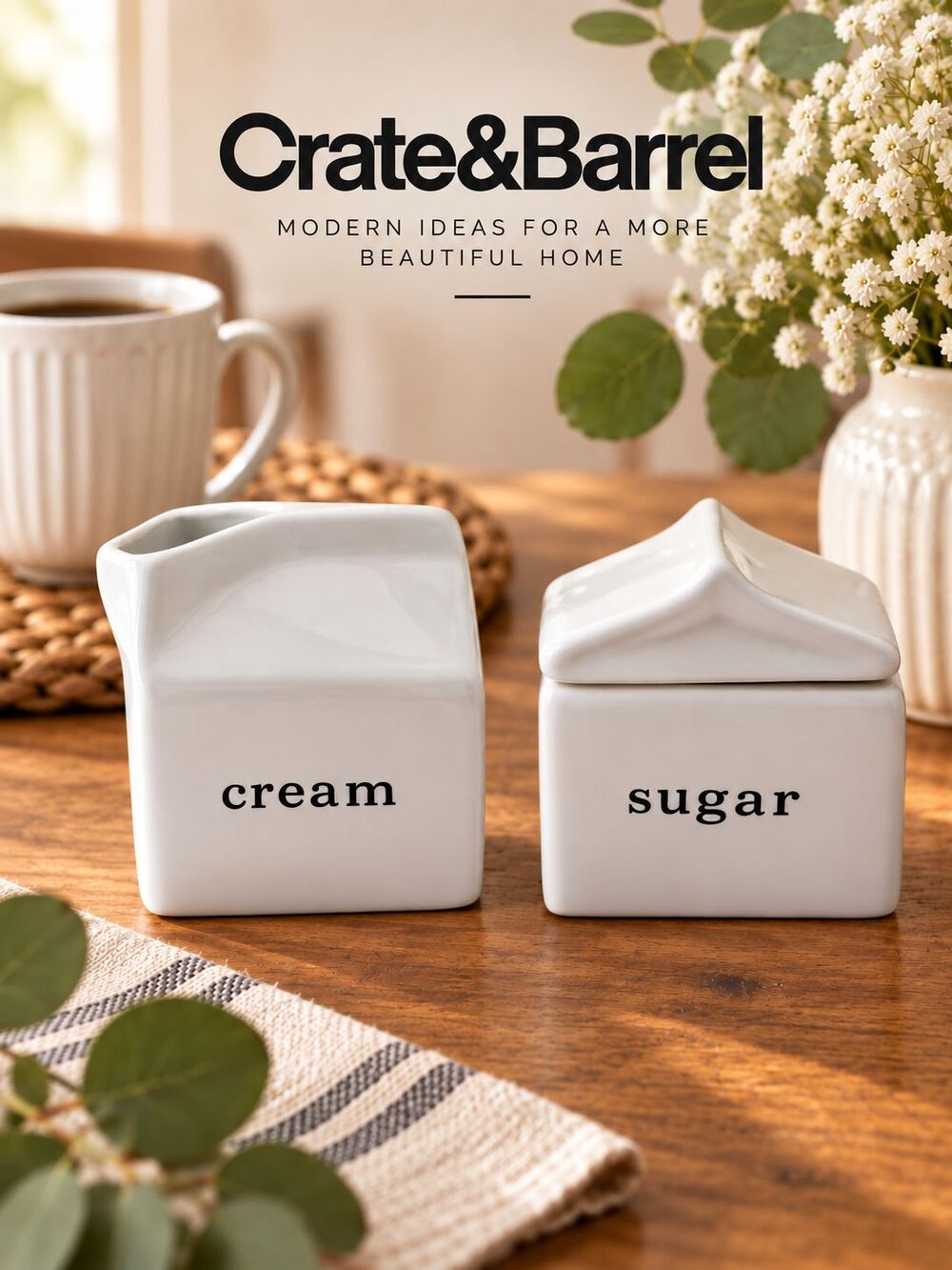 Crate & Barrel White Ceramic Creamer & Sugar Bowl Set Milk Carton Shape Country